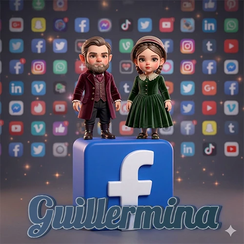 Dos pequeños personajes de dibujos animados con elegante ropa clásica parados sobre un gran logotipo de Facebook, mientras el fondo está lleno de una colorida red de íconos de diferentes aplicaciones. El nombre Guillermina está escrito en el diseño.