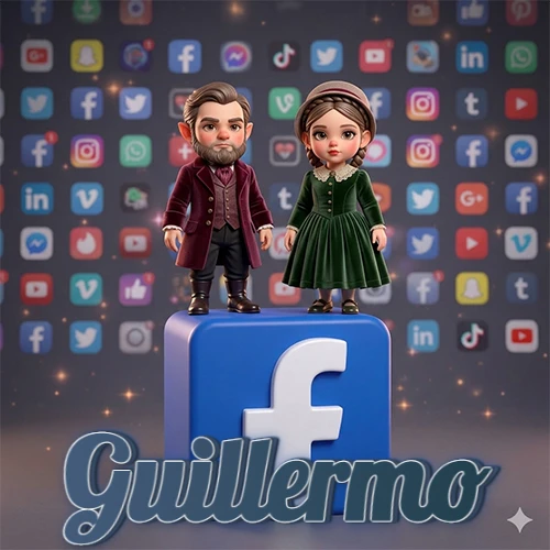 Dos pequeños personajes de dibujos animados con elegante ropa clásica parados sobre un gran logotipo de Facebook, mientras el fondo está lleno de una colorida red de íconos de diferentes aplicaciones. El nombre Guillermo está escrito en el diseño.