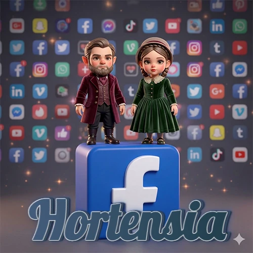 Dos pequeños personajes de dibujos animados con elegante ropa clásica parados sobre un gran logotipo de Facebook, mientras el fondo está lleno de una colorida red de íconos de diferentes aplicaciones. El nombre Hortensia está escrito en el diseño.