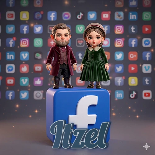 Dos pequeños personajes de dibujos animados con elegante ropa clásica parados sobre un gran logotipo de Facebook, mientras el fondo está lleno de una colorida red de íconos de diferentes aplicaciones. El nombre Itzel está escrito en el diseño.