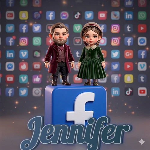 Dos pequeños personajes de dibujos animados con elegante ropa clásica parados sobre un gran logotipo de Facebook, mientras el fondo está lleno de una colorida red de íconos de diferentes aplicaciones. El nombre Jennifer está escrito en el diseño.