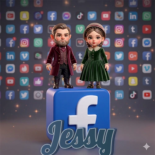 Dos pequeños personajes de dibujos animados con elegante ropa clásica parados sobre un gran logotipo de Facebook, mientras el fondo está lleno de una colorida red de íconos de diferentes aplicaciones. El nombre Jessy está escrito en el diseño.