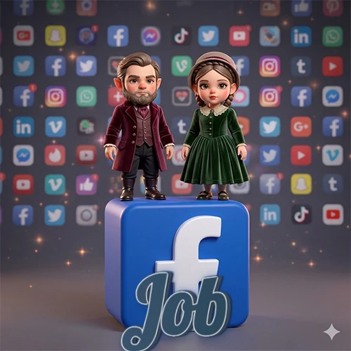 Dos pequeños personajes de dibujos animados con elegante ropa clásica parados sobre un gran logotipo de Facebook, mientras el fondo está lleno de una colorida red de íconos de diferentes aplicaciones. El nombre Job está escrito en el diseño.