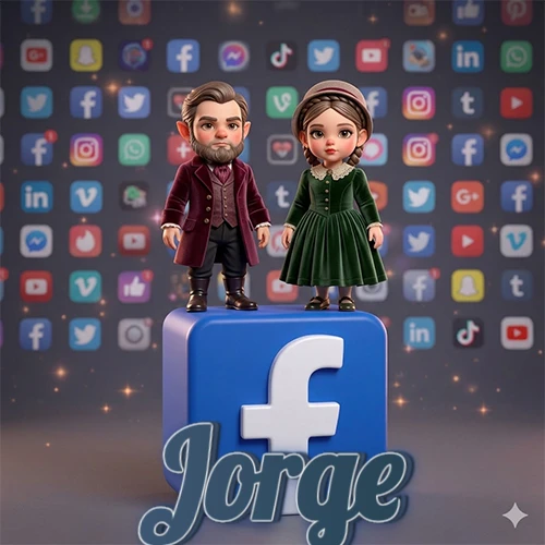 Dos pequeños personajes de dibujos animados con elegante ropa clásica parados sobre un gran logotipo de Facebook, mientras el fondo está lleno de una colorida red de íconos de diferentes aplicaciones. El nombre Jorge está escrito en el diseño.