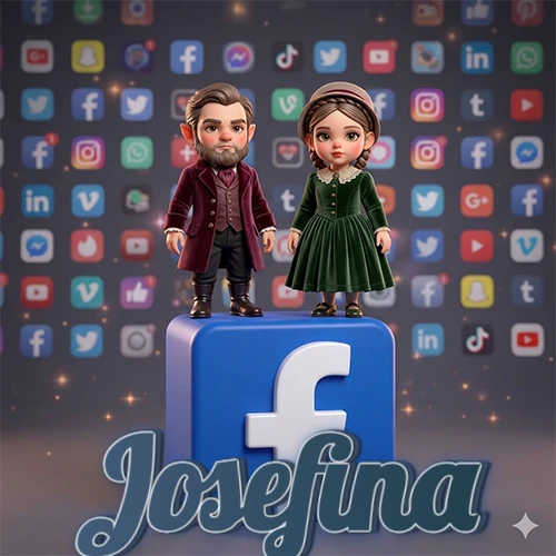 Dos pequeños personajes de dibujos animados con elegante ropa clásica parados sobre un gran logotipo de Facebook, mientras el fondo está lleno de una colorida red de íconos de diferentes aplicaciones. El nombre Josefina está escrito en el diseño.