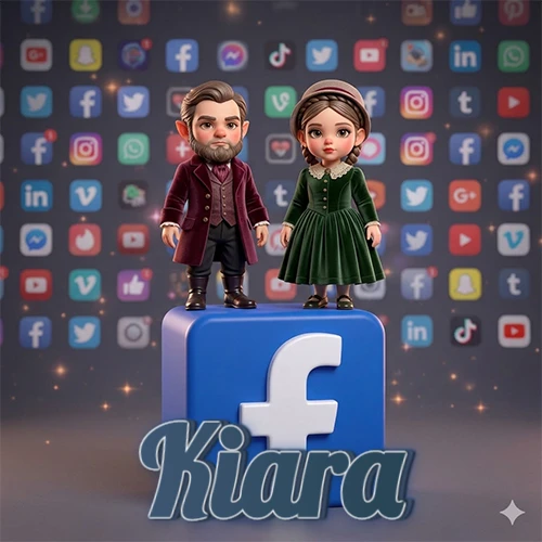 Dos pequeños personajes de dibujos animados con elegante ropa clásica parados sobre un gran logotipo de Facebook, mientras el fondo está lleno de una colorida red de íconos de diferentes aplicaciones. El nombre Kiara está escrito en el diseño. Dos pequeños personajes de dibujos animados con elegante ropa clásica parados sobre un gran logotipo de Facebook, mientras el fondo está lleno de una colorida red de íconos de diferentes aplicaciones. El nombre Kiara está escrito en el diseño.
