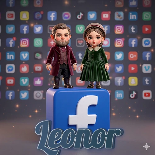 Dos pequeños personajes de dibujos animados con elegante ropa clásica parados sobre un gran logotipo de Facebook, mientras el fondo está lleno de una colorida red de íconos de diferentes aplicaciones. El nombre Leonor está escrito en el diseño. Dos pequeños personajes de dibujos animados con elegante ropa clásica parados sobre un gran logotipo de Facebook, mientras el fondo está lleno de una colorida red de íconos de diferentes aplicaciones. El nombre Leonor está escrito en el diseño.