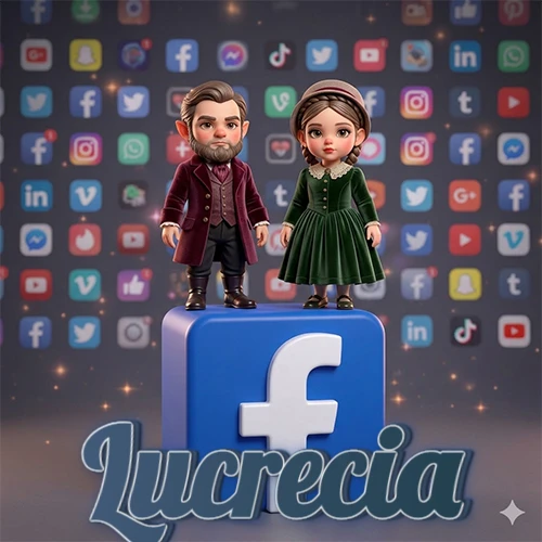 Dos pequeños personajes de dibujos animados con elegante ropa clásica parados sobre un gran logotipo de Facebook, mientras el fondo está lleno de una colorida red de íconos de diferentes aplicaciones. El nombre Lucrecia está escrito en el diseño.