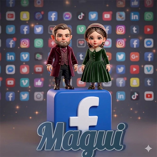 Dos pequeños personajes de dibujos animados con elegante ropa clásica parados sobre un gran logotipo de Facebook, mientras el fondo está lleno de una colorida red de íconos de diferentes aplicaciones. El nombre Magui está escrito en el diseño.