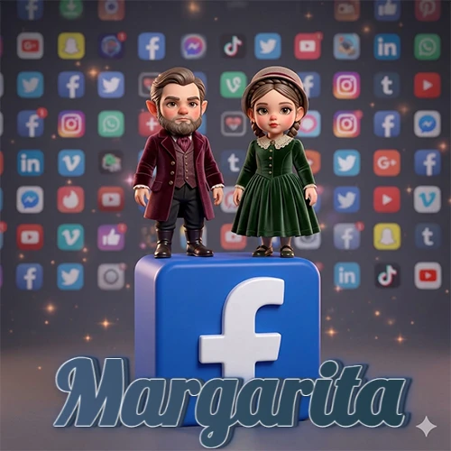 Dos pequeños personajes de dibujos animados con elegante ropa clásica parados sobre un gran logotipo de Facebook, mientras el fondo está lleno de una colorida red de íconos de diferentes aplicaciones. El nombre Margarita está escrito en el diseño.
