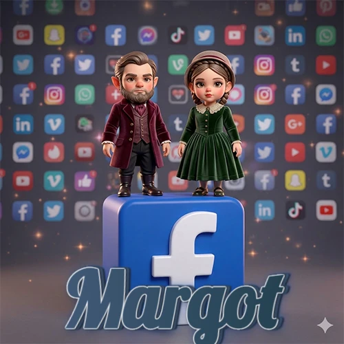 Dos pequeños personajes de dibujos animados con elegante ropa clásica parados sobre un gran logotipo de Facebook, mientras el fondo está lleno de una colorida red de íconos de diferentes aplicaciones. El nombre Margot está escrito en el diseño.