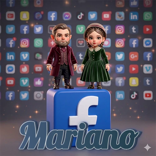 Dos pequeños personajes de dibujos animados con elegante ropa clásica parados sobre un gran logotipo de Facebook, mientras el fondo está lleno de una colorida red de íconos de diferentes aplicaciones. El nombre Mariano está escrito en el diseño.