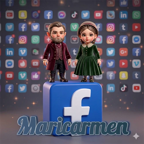 Dos pequeños personajes de dibujos animados con elegante ropa clásica parados sobre un gran logotipo de Facebook, mientras el fondo está lleno de una colorida red de íconos de diferentes aplicaciones. El nombre Maricarmen está escrito en el diseño.