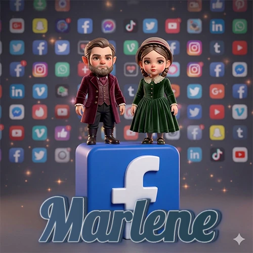 Dos pequeños personajes de dibujos animados con elegante ropa clásica parados sobre un gran logotipo de Facebook, mientras el fondo está lleno de una colorida red de íconos de diferentes aplicaciones. El nombre Marlene está escrito en el diseño.
