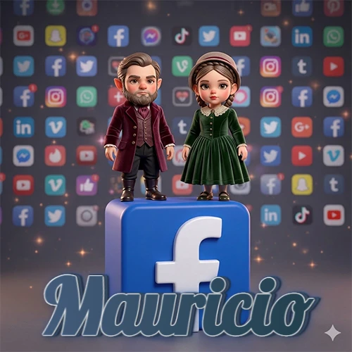 Dos pequeños personajes de dibujos animados con elegante ropa clásica parados sobre un gran logotipo de Facebook, mientras el fondo está lleno de una colorida red de íconos de diferentes aplicaciones. El nombre Mauricio está escrito en el diseño.