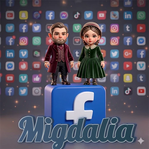Dos pequeños personajes de dibujos animados con elegante ropa clásica parados sobre un gran logotipo de Facebook, mientras el fondo está lleno de una colorida red de íconos de diferentes aplicaciones. El nombre Migdalia está escrito en el diseño.