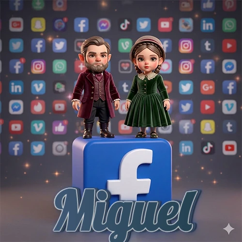 Dos pequeños personajes de dibujos animados con elegante ropa clásica parados sobre un gran logotipo de Facebook, mientras el fondo está lleno de una colorida red de íconos de diferentes aplicaciones. El nombre Miguel está escrito en el diseño.