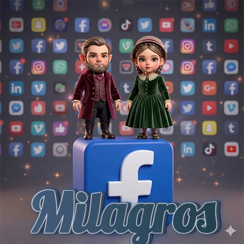 Dos pequeños personajes de dibujos animados con elegante ropa clásica parados sobre un gran logotipo de Facebook, mientras el fondo está lleno de una colorida red de íconos de diferentes aplicaciones. El nombre Milagros está escrito en el diseño.