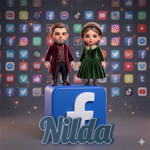 Dos pequeños personajes de dibujos animados con elegante ropa clásica parados sobre un gran logotipo de Facebook, mientras el fondo está lleno de una colorida red de íconos de diferentes aplicaciones. El nombre Nilda está escrito en el diseño.