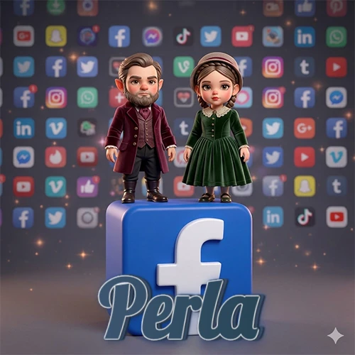 Dos pequeños personajes de dibujos animados con elegante ropa clásica parados sobre un gran logotipo de Facebook, mientras el fondo está lleno de una colorida red de íconos de diferentes aplicaciones. El nombre Perla está escrito en el diseño. Dos pequeños personajes de dibujos animados con elegante ropa clásica parados sobre un gran logotipo de Facebook, mientras el fondo está lleno de una colorida red de íconos de diferentes aplicaciones. El nombre Perla está escrito en el diseño.