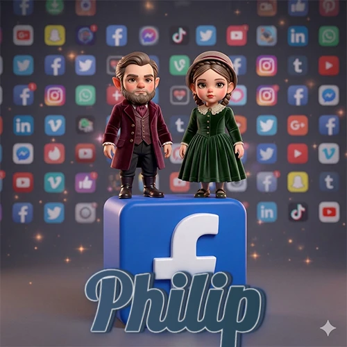 Dos pequeños personajes de dibujos animados con elegante ropa clásica parados sobre un gran logotipo de Facebook, mientras el fondo está lleno de una colorida red de íconos de diferentes aplicaciones. El nombre Philip está escrito en el diseño.