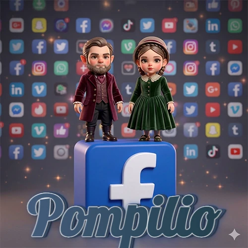 Dos pequeños personajes de dibujos animados con elegante ropa clásica parados sobre un gran logotipo de Facebook, mientras el fondo está lleno de una colorida red de íconos de diferentes aplicaciones. El nombre Pompilio está escrito en el diseño. Dos pequeños personajes de dibujos animados con elegante ropa clásica parados sobre un gran logotipo de Facebook, mientras el fondo está lleno de una colorida red de íconos de diferentes aplicaciones. El nombre Pompilio está escrito en el diseño.