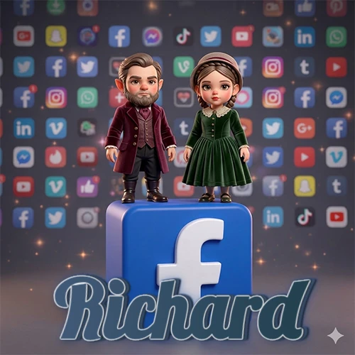 Dos pequeños personajes de dibujos animados con elegante ropa clásica parados sobre un gran logotipo de Facebook, mientras el fondo está lleno de una colorida red de íconos de diferentes aplicaciones. El nombre Richard está escrito en el diseño.