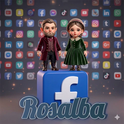 Dos pequeños personajes de dibujos animados con elegante ropa clásica parados sobre un gran logotipo de Facebook, mientras el fondo está lleno de una colorida red de íconos de diferentes aplicaciones. El nombre Rosalba está escrito en el diseño. Dos pequeños personajes de dibujos animados con elegante ropa clásica parados sobre un gran logotipo de Facebook, mientras el fondo está lleno de una colorida red de íconos de diferentes aplicaciones. El nombre Rosalba está escrito en el diseño.