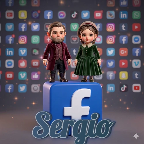 Dos pequeños personajes de dibujos animados con elegante ropa clásica parados sobre un gran logotipo de Facebook, mientras el fondo está lleno de una colorida red de íconos de diferentes aplicaciones. El nombre Sergio está escrito en el diseño. Dos pequeños personajes de dibujos animados con elegante ropa clásica parados sobre un gran logotipo de Facebook, mientras el fondo está lleno de una colorida red de íconos de diferentes aplicaciones. El nombre Sergio está escrito en el diseño.