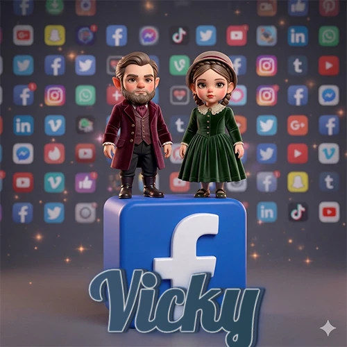 Dos pequeños personajes de dibujos animados con elegante ropa clásica parados sobre un gran logotipo de Facebook, mientras el fondo está lleno de una colorida red de íconos de diferentes aplicaciones. El nombre Vicky está escrito en el diseño. Dos pequeños personajes de dibujos animados con elegante ropa clásica parados sobre un gran logotipo de Facebook, mientras el fondo está lleno de una colorida red de íconos de diferentes aplicaciones. El nombre Vicky está escrito en el diseño.