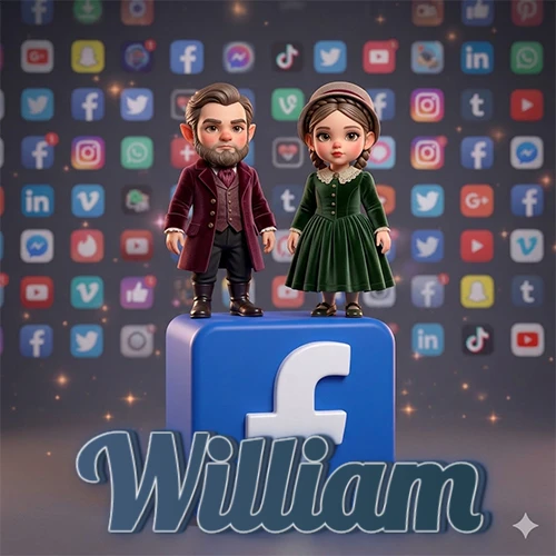 Dos pequeños personajes de dibujos animados con elegante ropa clásica parados sobre un gran logotipo de Facebook, mientras el fondo está lleno de una colorida red de íconos de diferentes aplicaciones. El nombre William está escrito en el diseño. Dos pequeños personajes de dibujos animados con elegante ropa clásica parados sobre un gran logotipo de Facebook, mientras el fondo está lleno de una colorida red de íconos de diferentes aplicaciones. El nombre William está escrito en el diseño.