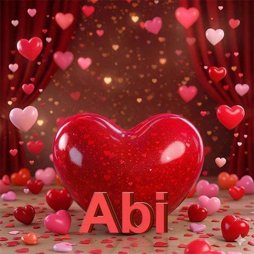 Un enorme y brillante corazón rojo en el centro del escenario bajo luces tenues y cortinas rojas, rodeado de decenas de pequeños corazones voladores que llenan de romance el lugar. El nombre Abi está escrito en el diseño.