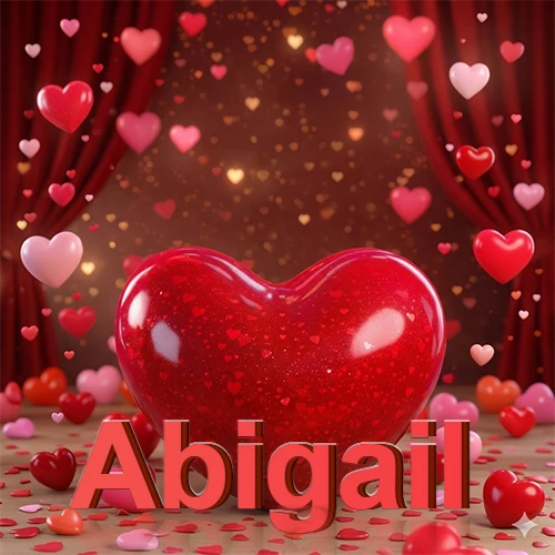 Un enorme y brillante corazón rojo en el centro del escenario bajo luces tenues y cortinas rojas, rodeado de decenas de pequeños corazones voladores que llenan de romance el lugar. El nombre Abigail está escrito en el diseño. Un enorme y brillante corazón rojo en el centro del escenario bajo luces tenues y cortinas rojas, rodeado de decenas de pequeños corazones voladores que llenan de romance el lugar. El nombre Abigail está escrito en el diseño.