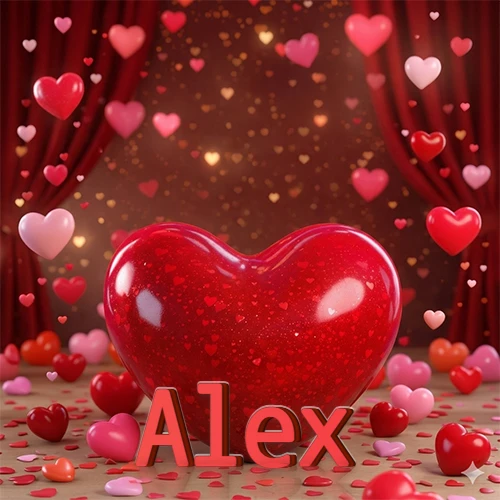 Un enorme y brillante corazón rojo en el centro del escenario bajo luces tenues y cortinas rojas, rodeado de decenas de pequeños corazones voladores que llenan de romance el lugar. El nombre Alex está escrito en el diseño.
