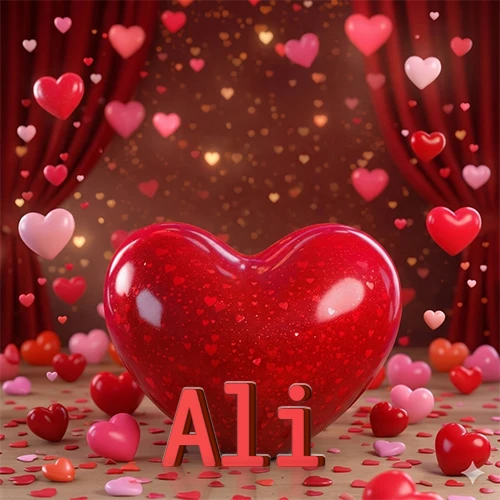 Un enorme y brillante corazón rojo en el centro del escenario bajo luces tenues y cortinas rojas, rodeado de decenas de pequeños corazones voladores que llenan de romance el lugar. El nombre Ali está escrito en el diseño.