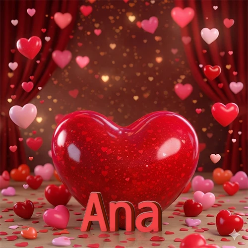Un enorme y brillante corazón rojo en el centro del escenario bajo luces tenues y cortinas rojas, rodeado de decenas de pequeños corazones voladores que llenan de romance el lugar. El nombre Ana está escrito en el diseño.