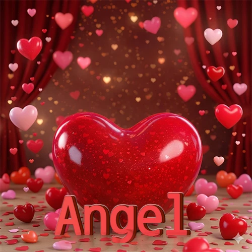Un enorme y brillante corazón rojo en el centro del escenario bajo luces tenues y cortinas rojas, rodeado de decenas de pequeños corazones voladores que llenan de romance el lugar. El nombre Angel está escrito en el diseño.