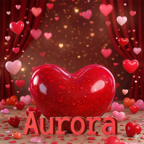 Un enorme y brillante corazón rojo en el centro del escenario bajo luces tenues y cortinas rojas, rodeado de decenas de pequeños corazones voladores que llenan de romance el lugar. El nombre Aurora está escrito en el diseño.