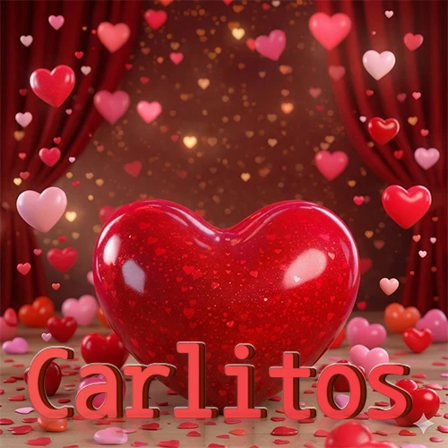Un enorme y brillante corazón rojo en el centro del escenario bajo luces tenues y cortinas rojas, rodeado de decenas de pequeños corazones voladores que llenan de romance el lugar. El nombre Carlitos está escrito en el diseño.