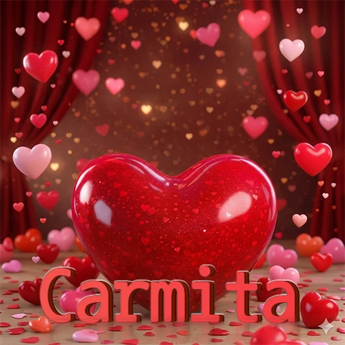 Un enorme y brillante corazón rojo en el centro del escenario bajo luces tenues y cortinas rojas, rodeado de decenas de pequeños corazones voladores que llenan de romance el lugar. El nombre Carmita está escrito en el diseño.