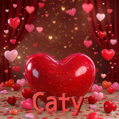 Un enorme y brillante corazón rojo en el centro del escenario bajo luces tenues y cortinas rojas, rodeado de decenas de pequeños corazones voladores que llenan de romance el lugar. El nombre Caty está escrito en el diseño. Un enorme y brillante corazón rojo en el centro del escenario bajo luces tenues y cortinas rojas, rodeado de decenas de pequeños corazones voladores que llenan de romance el lugar. El nombre Caty está escrito en el diseño.