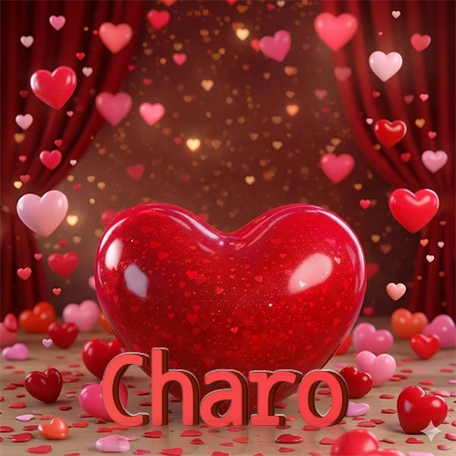 Un enorme y brillante corazón rojo en el centro del escenario bajo luces tenues y cortinas rojas, rodeado de decenas de pequeños corazones voladores que llenan de romance el lugar. El nombre Charo está escrito en el diseño.