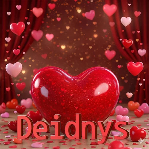 Un enorme y brillante corazón rojo en el centro del escenario bajo luces tenues y cortinas rojas, rodeado de decenas de pequeños corazones voladores que llenan de romance el lugar. El nombre Deidnys está escrito en el diseño. Un enorme y brillante corazón rojo en el centro del escenario bajo luces tenues y cortinas rojas, rodeado de decenas de pequeños corazones voladores que llenan de romance el lugar. El nombre Deidnys está escrito en el diseño.