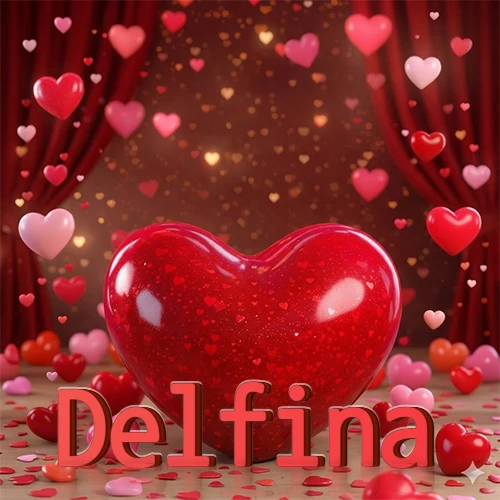 Un enorme y brillante corazón rojo en el centro del escenario bajo luces tenues y cortinas rojas, rodeado de decenas de pequeños corazones voladores que llenan de romance el lugar. El nombre Delfina está escrito en el diseño.