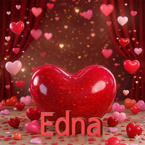 Un enorme y brillante corazón rojo en el centro del escenario bajo luces tenues y cortinas rojas, rodeado de decenas de pequeños corazones voladores que llenan de romance el lugar. El nombre Edna está escrito en el diseño.
