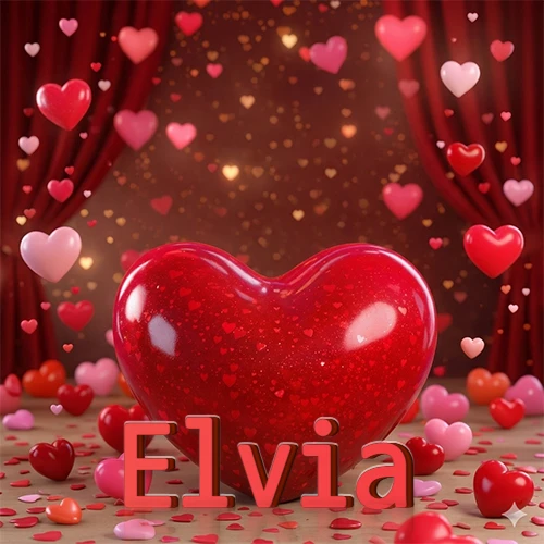 Un enorme y brillante corazón rojo en el centro del escenario bajo luces tenues y cortinas rojas, rodeado de decenas de pequeños corazones voladores que llenan de romance el lugar. El nombre Elvia está escrito en el diseño. Un enorme y brillante corazón rojo en el centro del escenario bajo luces tenues y cortinas rojas, rodeado de decenas de pequeños corazones voladores que llenan de romance el lugar. El nombre Elvia está escrito en el diseño.