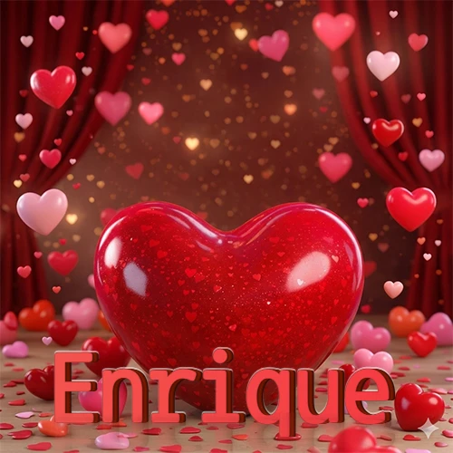 Un enorme y brillante corazón rojo en el centro del escenario bajo luces tenues y cortinas rojas, rodeado de decenas de pequeños corazones voladores que llenan de romance el lugar. El nombre Enrique está escrito en el diseño. Un enorme y brillante corazón rojo en el centro del escenario bajo luces tenues y cortinas rojas, rodeado de decenas de pequeños corazones voladores que llenan de romance el lugar. El nombre Enrique está escrito en el diseño.