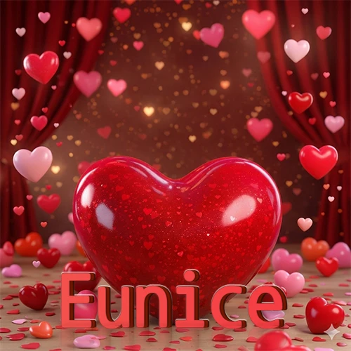 Un enorme y brillante corazón rojo en el centro del escenario bajo luces tenues y cortinas rojas, rodeado de decenas de pequeños corazones voladores que llenan de romance el lugar. El nombre Eunice está escrito en el diseño.