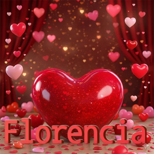Un enorme y brillante corazón rojo en el centro del escenario bajo luces tenues y cortinas rojas, rodeado de decenas de pequeños corazones voladores que llenan de romance el lugar. El nombre Florencia está escrito en el diseño. Un enorme y brillante corazón rojo en el centro del escenario bajo luces tenues y cortinas rojas, rodeado de decenas de pequeños corazones voladores que llenan de romance el lugar. El nombre Florencia está escrito en el diseño.