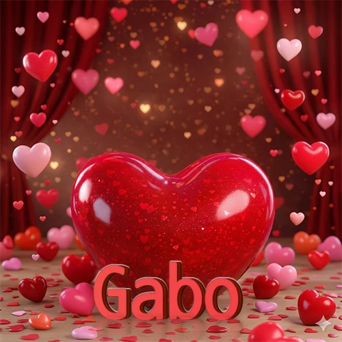 Un enorme y brillante corazón rojo en el centro del escenario bajo luces tenues y cortinas rojas, rodeado de decenas de pequeños corazones voladores que llenan de romance el lugar. El nombre Gabo está escrito en el diseño.